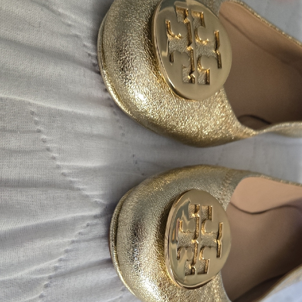 Tory Burch Metallic Gold Logo Ballet Flats - Picture 3 of 3